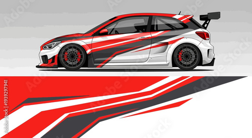 High-speed red and white race car with bold graphics and aerodynamic design on a studio backdrop.