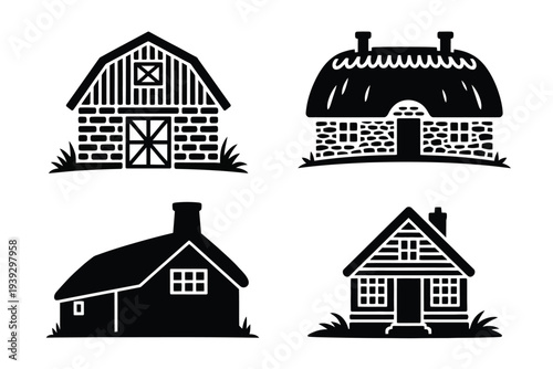 Four black and white house and barn silhouettes 1