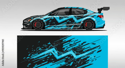 Blue Neon Race Car Graphic with Bold Livery Design and Dynamic Accents.