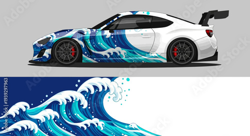 Sleek blue and white racecar with ocean wave inspired graphic design.
