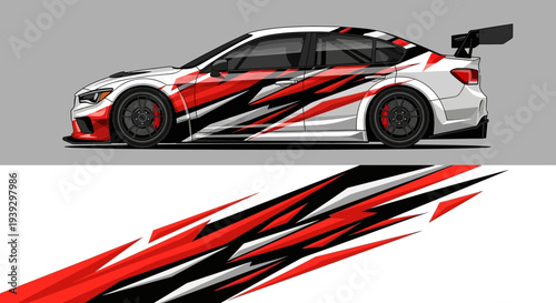 Racing car with bold red black white livery and graphic decals on track.