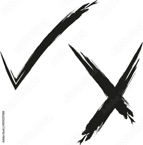 Black grunge cross and check mark. Yes and no symbols in a creative and street style. A pair of symbols with jagged edges, a distressed effect, and a worn paint texture. Brushstroke.