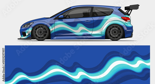 Blue race car with wave graphic wrap on a vivid blue background.