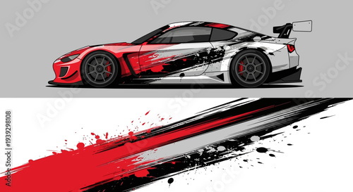 Dynamic race car with bold red, black, and white graphics speeding on track.