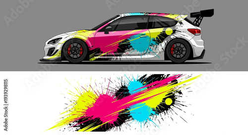 Vibrant splashed paint car design featuring a colorful sport coupe with dynamic artwork.