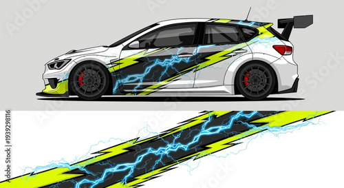 High speed racecar with blue neon decals on a racing hatchback.
