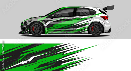 Sleek green racing car with bold graphics and racing livery on the track.