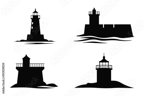 Four black silhouette lighthouses on different landscapes