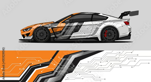 Stylized race car illustration with orange black and white circuit patterns.