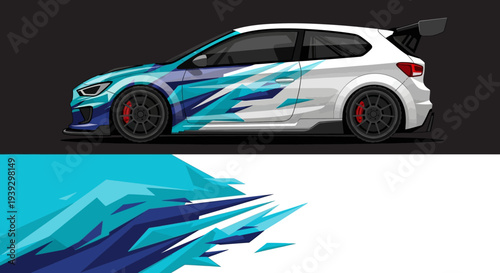 Vibrant blue and white race car with dynamic graphic livery and aerodynamic design.