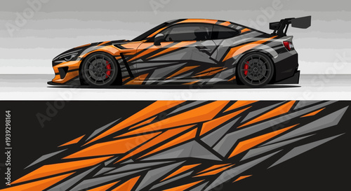 Vibrant orange and black striped race car with dynamic race track design.