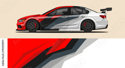 Dynamic red and white race car illustration with aggressive aero on track.