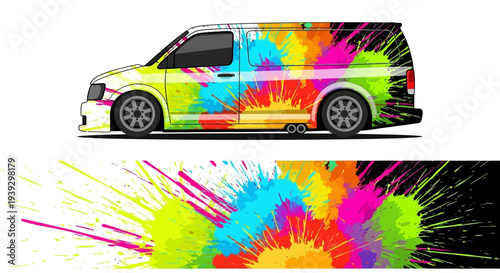 Colorful Paint Splash Art Car Van with Vibrant Rainbow Design.