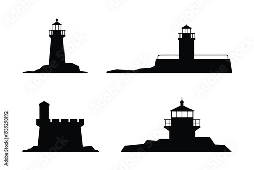 Four black silhouette lighthouses on rocky ground white