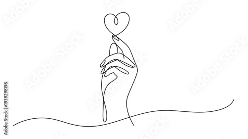  Minimal continuous line drawing of hand holding small heart symbol, love and care concept illustration, simple outline vector style gesture design representing romance, affection and kindness