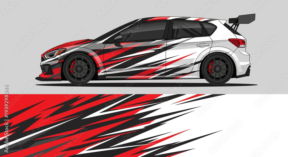 Fototapeta premium Sleek race car with dynamic red and black graphic livery on track for high speed visuals.