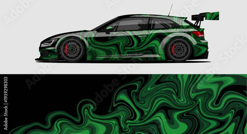 Sleek green sports car with neon accents and smoky abstract background.