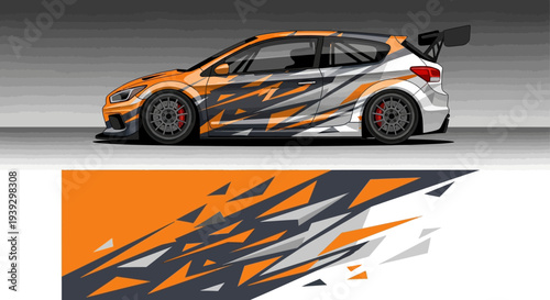 Orange and black graphic race car with bold livery and dynamic design on a track.