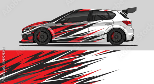 Sleek race car with dynamic red and black graphic livery on track for high speed visuals.