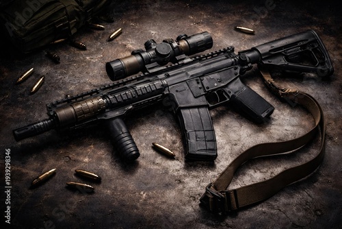 A black rifle with a scope and bullets on a dark surface