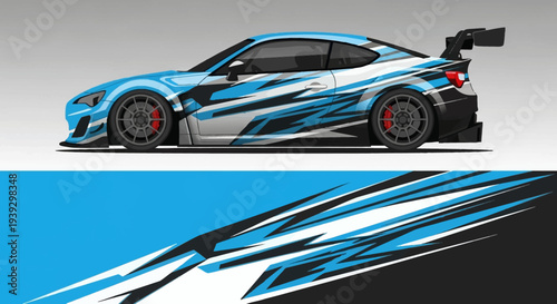 Blue Racing Sportscar with Dynamic Graphics and Stripes on a Sleek Vehicle.