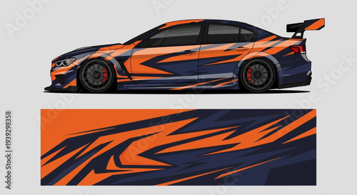 High-contrast orange and blue race car with bold wrap and aerodynamic details, close-up view showcasing design, wheel and spoiler.