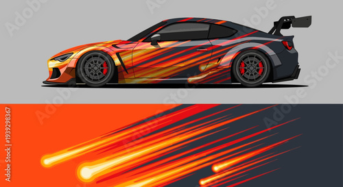 Sleek orange flame wrapped race car with meteor streaks in motion.