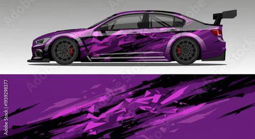 Vibrant Purple Racecar with Graphic Wrap, Glossy Finish, and Aggressive Aerodynamics on a Street Track.