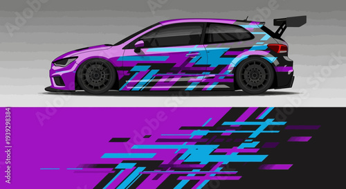 Vibrant graffiti style race car with neon colors and sleek aerodynamic design on a track.