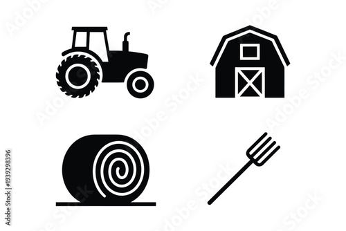 Four black silhouettes of tractor hay bale barn and pitchfork