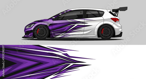 White race car with bold purple graphic decals and aerodynamic features on a neutral studio backdrop.