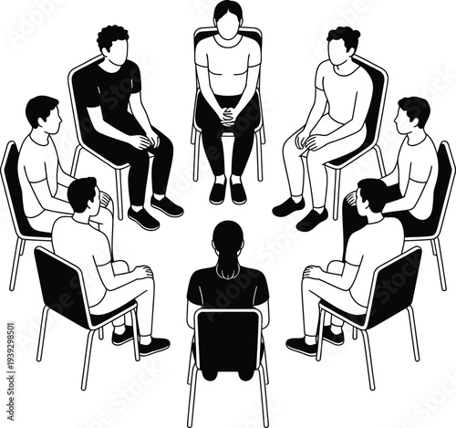 A group of people seated in a circle facing inwards for discussion