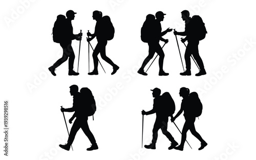 Four hikers with backpacks and trekking poles walking