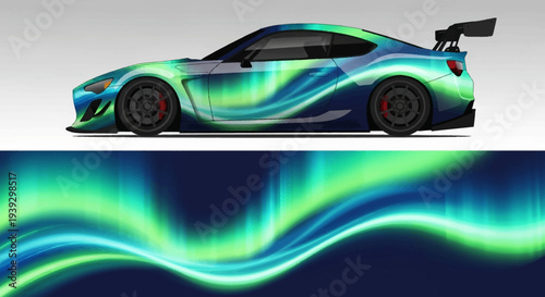 Sleek blue and green sports car with neon wave graphics.