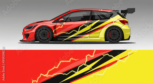 Vivid racing car with bold livery and dynamic design on a sleek track.