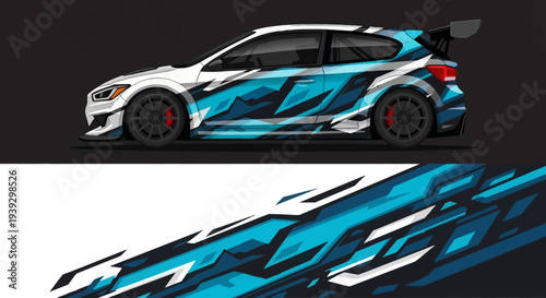 Blue stylized race car artwork featuring dynamic geometric design and motion lines.