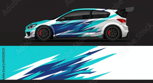 Blue Racing Car Side Profile with Dynamic Stripes and Graphic Design.
