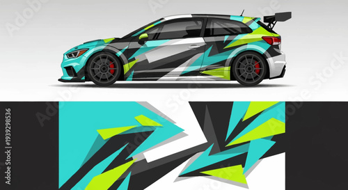 Vibrant geometric race car with abstract teal and lime graphics in motion.