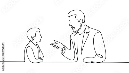  Minimal continuous line drawing of teacher explaining lesson to student, education and learning concept illustration, simple outline vector style classroom discussion between mentor and pupil