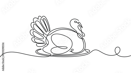 Minimal continuous line drawing of decorative peacock bird resting on ground, elegant wildlife concept illustration, simple outline vector style animal design representing beauty, nature and grace 