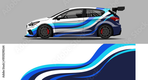 Blue Wave Livery Sport Car with Dynamic Graphics and Racing Style for Modern Auto Enthusiasts.