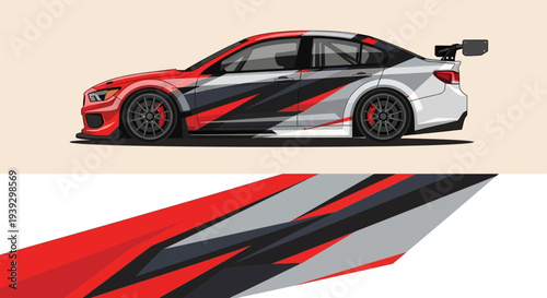 Sleek red and black racecar with aerodynamic livery, spoilers, and dynamic graphics.