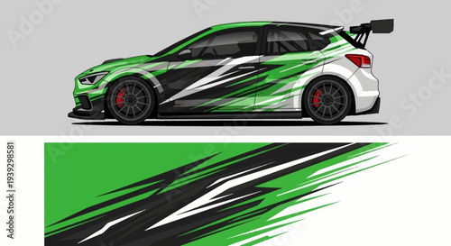 Green and black race car with bold graphic livery and sleek design.