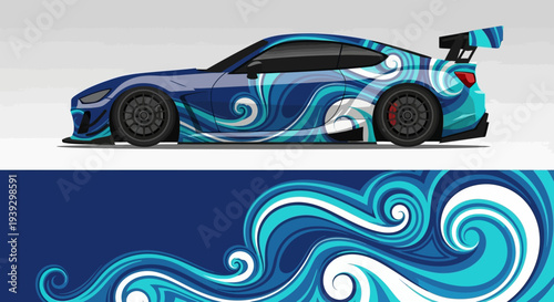 Blue race car and swirling abstract pattern design with modern graphic illustration.