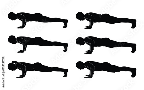Six black silhouettes doing pushups in a row exercise