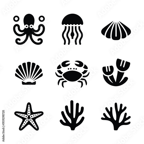 Nine black and white ocean life in style marine