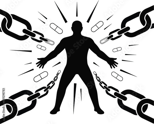 Breaking free A silhouette escapes chains and pills with outstretched arms
