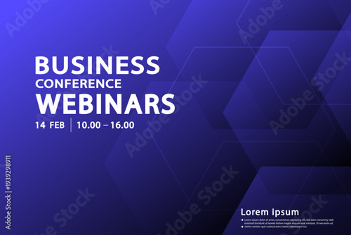Modern webinar banner featuring abstract blue hexagon design. Clean layout for online seminar and digital meeting with schedule for workshop event and business presentation