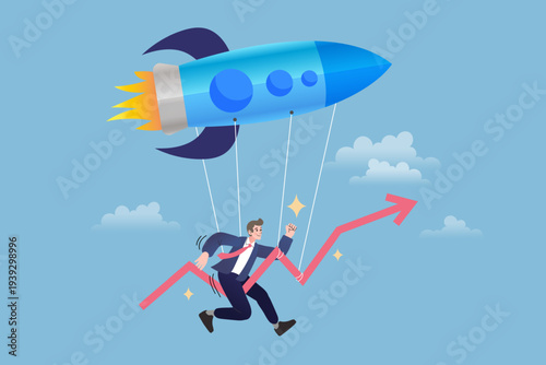 Collaborative team effort to launch rocket into sky with network nodes and money icons. Concept of business acceleration partnership strategy and finding dynamic solutions for growth.