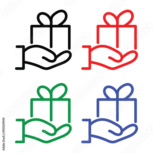Prize bonus, gift surprise, mystery box, wedding giftbox outline icons. Line signs gift box in hand tied with festive ribbon. Vector isolated pictograms for web on white background editable stroke. 
